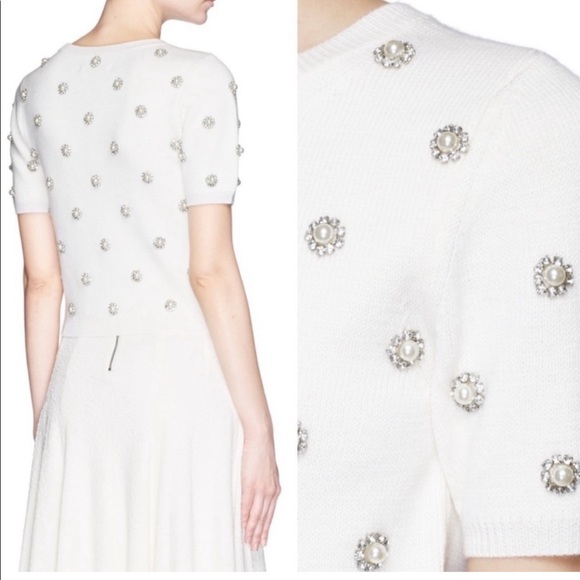 Alice + Olivia cream white “Bay” pearl/rhinestone cropped shortsleeve sweater XS - Picture 4 of 7